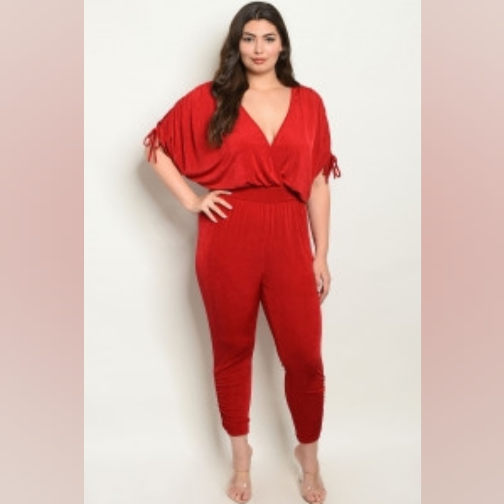 Libian Bold Red Plus Size Surplice Stretchy Jumpsuit 1X 2X 3X